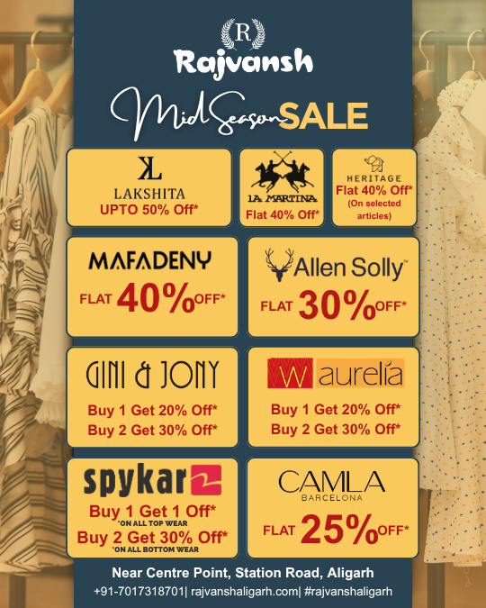 Poster for Rajvansh Mid-Season Sale with yellow discount tiles for multiple brands on a clothing-store backdrop.