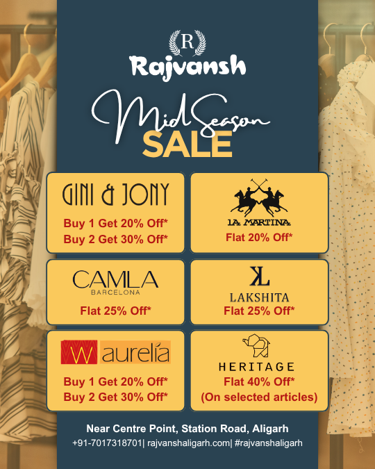 Rajvansh Mid-Season Sale banner with six brand panels (Gini & Jony, La Martina, Camla Barcelona, Lakshita, Aurelia, Heritage) listing discounts and the store location at the bottom on a dark blue background.